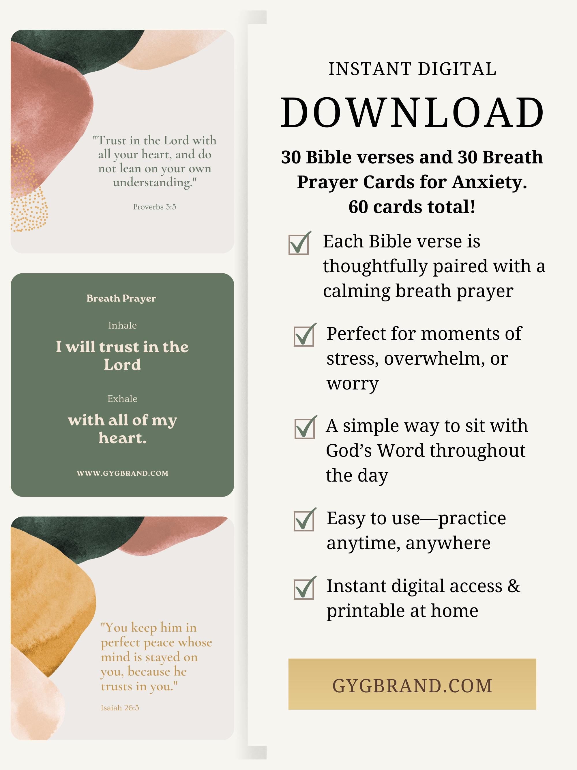 60 Printable Breath Prayer Scripture Cards, Christian Anxiety Relief Gift, Scripture Meditation, Affirmations and Encouragement, faith cards